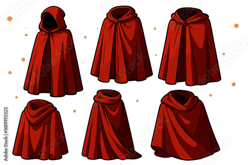 Set of red cloaks with hoods. Vector cartoon illustration for fantasy character design. Mysterious medieval cape or mantle costume for cosplay, halloween or fairytale theme.