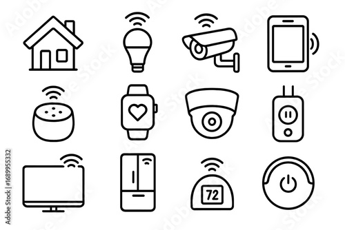 Smart home devices line icon set. IoT technology gadgets outline symbols. Vector collection for home automation, security camera, smart watch, robot vacuum and thermostat.