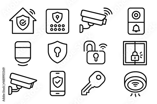 Smart home security outline icon set. Home automation, safety and surveillance collection. Vector icons for protection, cctv, alarm, lock, sensor and smart device concepts.