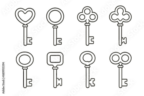 Key icons set in a thin line style. A collection of vintage and antique skeleton keys. Vector for security, access, privacy, unlocking, solution, and secret concepts.
