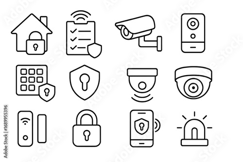 Smart home security outline icon set. Home automation, protection and surveillance line icons. Vector symbols for alarm system, cctv camera, smart lock, and app control.