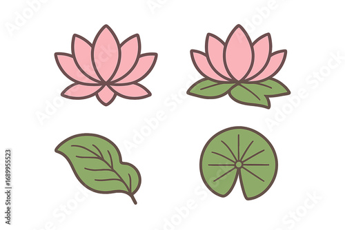 Lotus flower and leaf icon set. Vector cartoon illustration of pink water lily blossoms and green lily pads. Nature symbols collection for spa, yoga, wellness, and beauty design.
