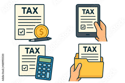 Tax payment and filing icon set. Vector illustrations of financial documents, online tax form on tablet, calculator and paperwork. Accounting and finance concept for business.