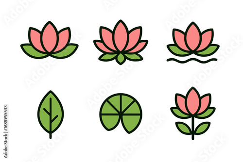Lotus icon set. Flower, leaf, lily pad nature symbols. Vector cartoon illustration for spa, yoga, wellness. Floral design elements collection. Isolated graphic pack for logo.