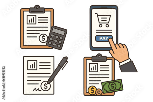 Financial icons set for tax payment, online shopping, and accounting concepts. Mobile payment, financial report, calculator, signing documents and cash. Vector illustration.