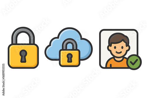 Data security icon set for cybersecurity and privacy. Cloud storage protection and user verification. Authentication, access, and identity confirmation concept with padlock icons.
