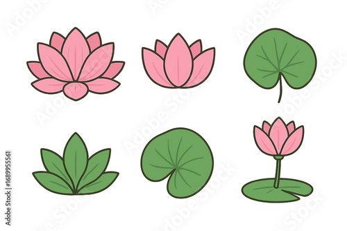 Lotus icon set. Flower and leaf nature symbols collection. Vector cartoon illustration for spa, yoga, wellness, and beauty. Water lily blossom, bud, and pad design elements.