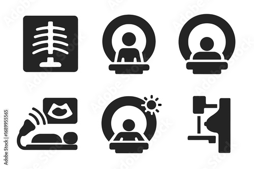 Medical imaging solid icon set. Radiology diagnostic glyphs. Healthcare procedures like X-ray, CT scan, MRI, ultrasound, PET scan, and mammography symbols. Hospital technology.