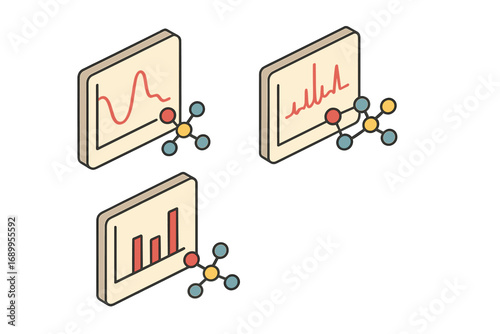 Molecular analysis icon set. Isometric vector illustration of spectroscopic data. Graphs for infrared spectrum, NMR, and mass spectrometry for science and chemistry research.