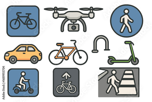 Urban mobility vector icon set. City transportation symbols collection. Bicycle, car, e-scooter, drone, pedestrian signs. Eco friendly transport & infrastructure elements.