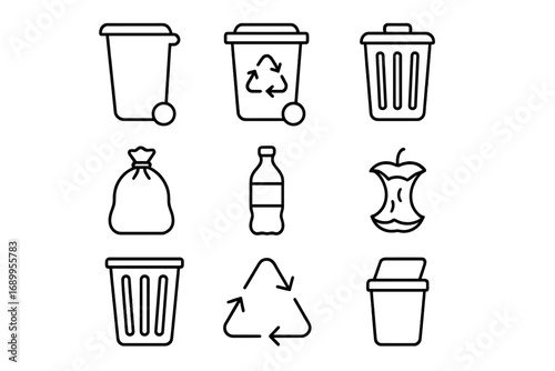 Waste management line icon set. Trash, garbage, and recycling vector icons. Rubbish sorting and disposal concept. Includes bin, can, bottle, and organic waste symbols.
