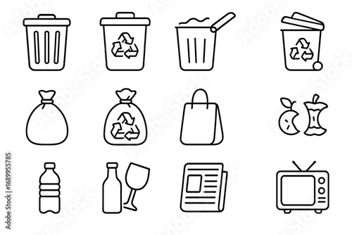 Trash and recycling line icon set for waste management. Vector cartoon illustration collection of bins, bags, and different types of garbage for sorting and disposal.