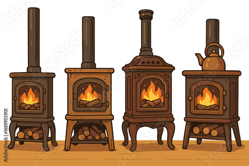 Set of traditional wood-burning stoves. Vector cartoon illustration of rustic cast iron fireplaces with burning fire. Cozy home heating equipment. Vintage furnace collection.