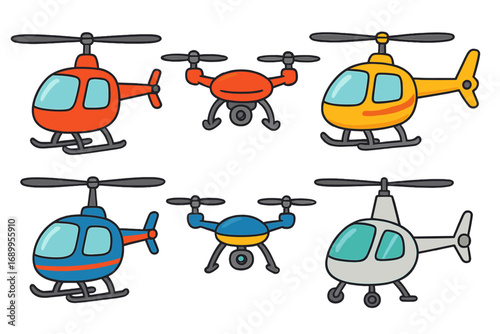 Set of cartoon helicopters and drones. Colorful vector illustration of aerial transport. Simple chopper and quadcopter icons. Flight, vehicle, and toy design collection isolated.