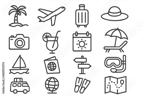 Travel and vacation outline icon set. Summer holiday and beach trip symbols. Vector linear pictograms for tourism, journey, and relaxation. Airplane, passport, luggage, map.