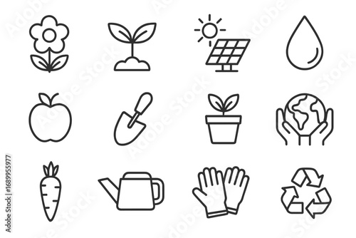 Nature and gardening outline icon set. Floral, sustainability, and earth care line icons. Eco friendly vector collection with plant, growth, solar energy, recycling, organic food.