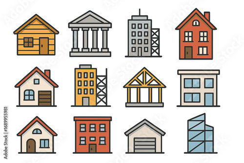 Building icon set. House, home, real estate symbols. Vector illustration of architectural styles. Construction, bank, office, city building icons. Minimalist flat outline design elements.