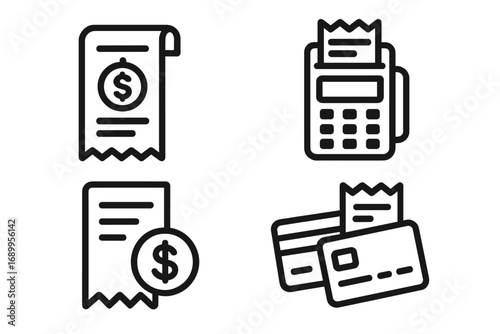 Minimalist financial icons set featuring receipts, payment transactions, dollar symbols, calculators, and credit cards in clean vector cartoon style with transparent background