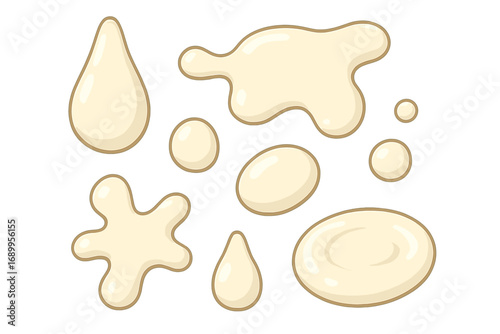 Set of creamy liquid drops and splashes. Vector cartoon illustration of milk, yogurt, or sauce spills and puddles. White cream, lotion, or batter blobs isolated on white background.