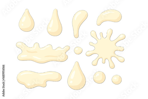 Set of creamy liquid drops. Milk, yogurt, or cream splashes and splatters. White sauce or dairy product icon collection. Vector cartoon illustration isolated on white.