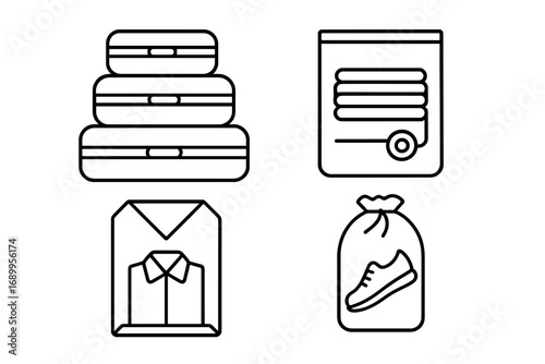 Packing tools icon set for travel organization. Vector line art of luggage accessories like packing cubes, compression bags, garment folders, and shoe bags. Minimalist travel concept.