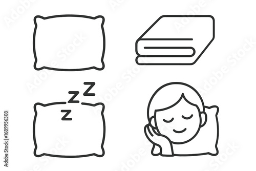 Sleep icon set vector. Pillow, bed sheet, and relax collection symbols. Person sleeping, take a nap sign. Bedtime and good night outline icons for comfort and healthy rest.