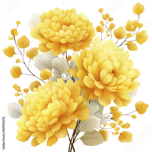 Delicate yellow chrysanthemum flowers and pale grey green foliage arranged artistically