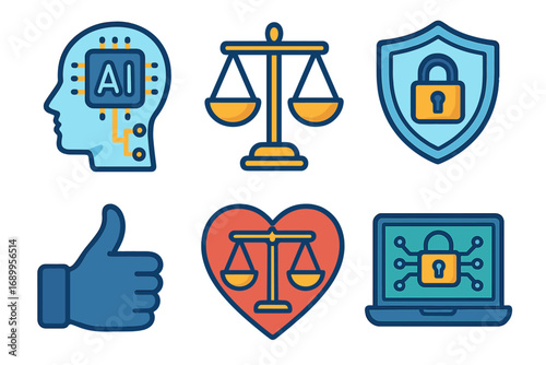 Visual representation of artificial intelligence, ethics, cybersecurity concepts, AI technology icons, legal scales, data protection symbols, digital security, cartoon vector illustration
