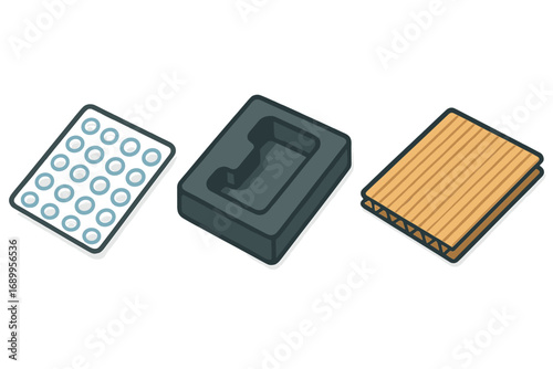 Protective packaging icons. Isometric vector illustration of shipping materials. Bubble wrap, foam insert, corrugated cardboard. Fragile goods safety and logistics concept.