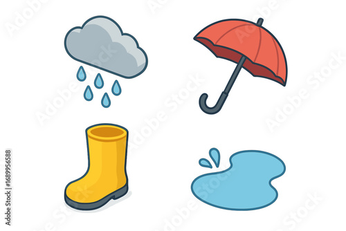 Weather vector icon set. Rain, cloud, drops, umbrella, puddle, gumboot collection. Flat cartoon design elements for autumn season, rainy day, forecast app or web graphic.