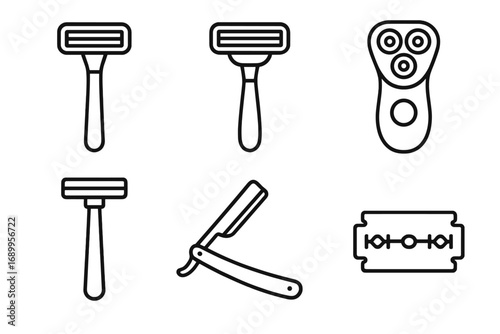 Razor and shaver line icon set. Vector outline illustration of grooming and hygiene tools. Includes electric shaver, straight razor, safety razor, blade. Barber equipment.