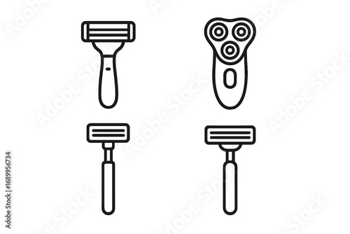 Razor and electric shaver icon set. Line art vector collection for shaving, grooming, and personal care. Barber shop and hygiene symbols. Outline hair removal tool illustration.
