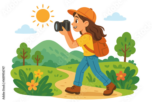 Young woman exploring nature and photographing scenic outdoor views on a sunny day, vibrant landscape with greenery, flowers, hills, and clear sky, vector cartoon illustration
