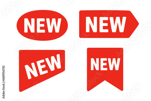 Set of red new stickers. Vector sale banners and labels for promotion. New arrival tags and badges. Fresh product announcement button. Marketing and advertising graphic elements.