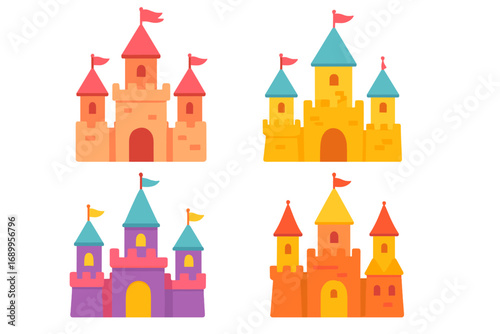 Set of colorful cartoon castles. Fairytale princess palace or medieval kingdom fortress with towers and flags. Vector illustration for kids fantasy storytelling or children's game.