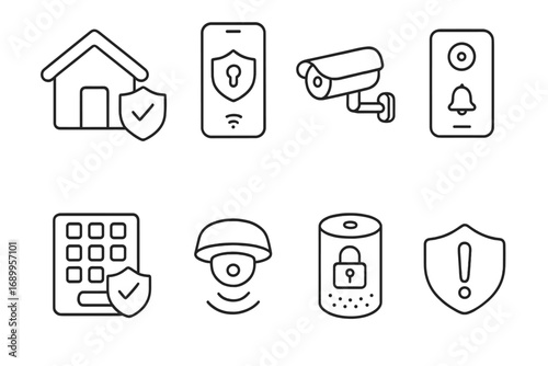 Smart Home Security Outline Icon Set with Devices, Automation, Video Surveillance Symbols, Access Control, Alarm, and Protection Elements, Vector Cartoon Illustration Transparent Background