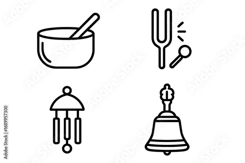 Sound Healing Icon Set, Outline Vector Illustrations of Crystal Singing Bowl, Tuning Fork, Wind Chime, Tibetan Bell, Spiritual Therapy Tools, Meditation and Wellness Symbols