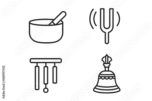Sound Healing Icon Set, Outline Vector Graphics of Crystal Singing Bowl, Tuning Fork, Wind Chime, Tibetan Bell, Relaxation Therapy, Meditation Tools, Wellness Instruments