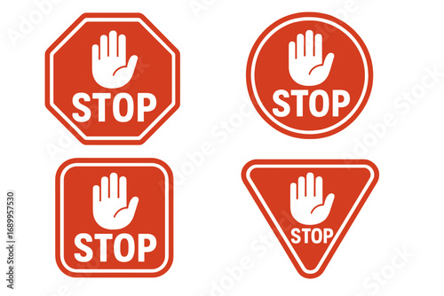Stop red road signs with hand symbols, vector isolated illustrations on white background, cartoon style, transparent background, stop safety traffic warning symbols collection