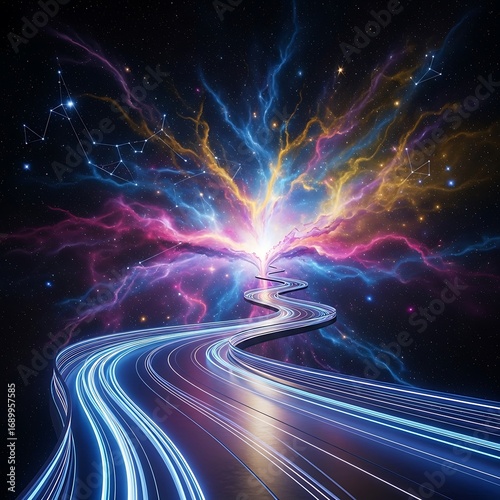 Cosmic expressway connecting constellations to vibrant, nebulous skies