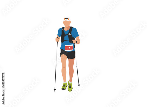 Male trail runner in sportswear running with poles during mountain race, isolated flat vector illustration