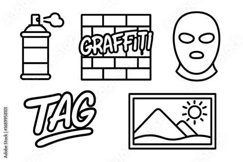 Urban Art Icon Set with Graffiti Spray Can, Graffiti Wall, Stencil Mask, Street Tag, and Mural Vector Cartoon Illustration for Street Culture and Creative Expression