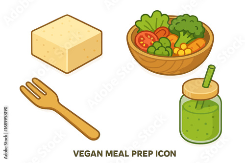 Vibrant Vegan Meal Prep Icons Set with Tofu Block, Healthy Veggie Bowl, Wooden Fork, and Green Smoothie Jar - Isometric Flat Vector Cartoon Illustration