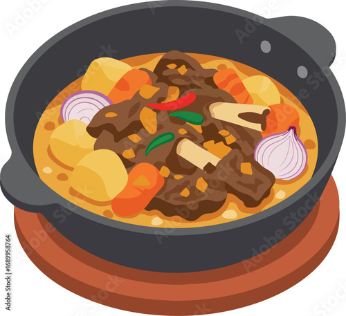 Pot of beef stew with vegetables, ideal for culinary blog posts, restaurant menus, recipe cards, food advertisements, and cooking magazines.