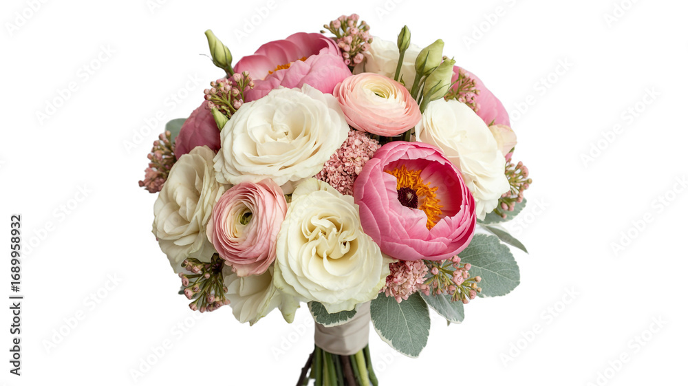 Fototapeta premium Elegant Bridal Bouquet with Pink Peonies, White Roses, and Ranunculus Isolated on White Background for Wedding Design