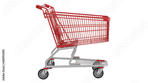 Empty red shopping cart, ready for groceries and retail purchases now