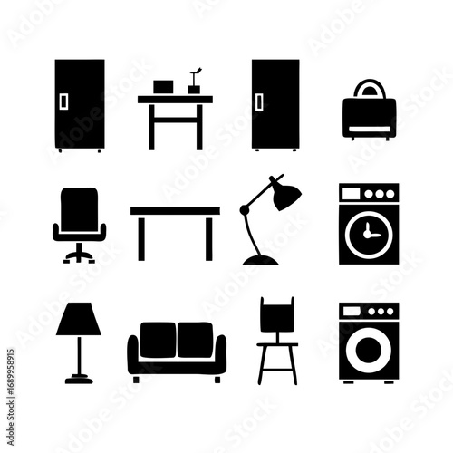 A 15-icon pictogram set representing daily household items and lifestyle in clean black vector style. Includes bed, chair, sofa, table, lamp, washing machine, refrigerator, microwave, broom, vacuum cl