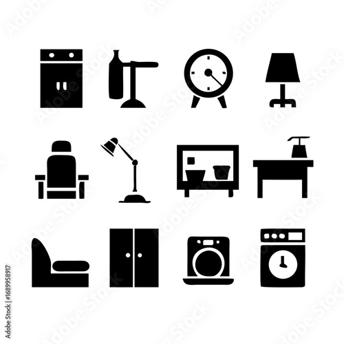 A 15-icon pictogram set representing daily household items and lifestyle in clean black vector style. Includes bed, chair, sofa, table, lamp, washing machine, refrigerator, microwave, broom, vacuum cl