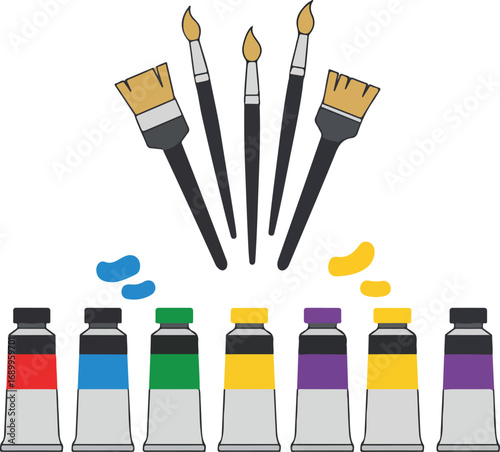 Five colorful paintbrushes displayed with tubes of paint colors, perfect for artistic projects or creative designs in need of a vibrant touch.