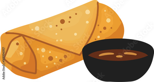 Golden brown egg roll with dipping sauce suitable for food blogs, restaurant menus, or social media posts about asian cuisine.